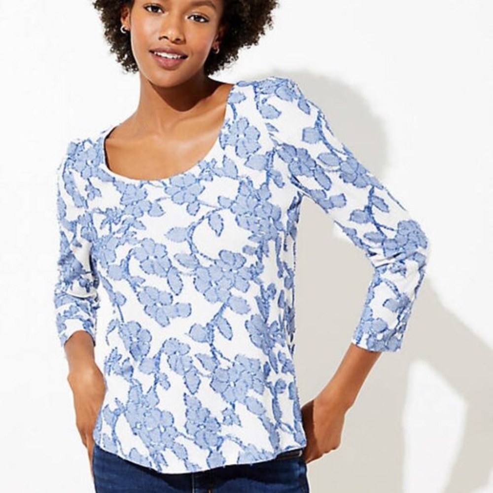 LOFT Textured Floral 3/4 Sleeve Tee Blue/White SZ XL